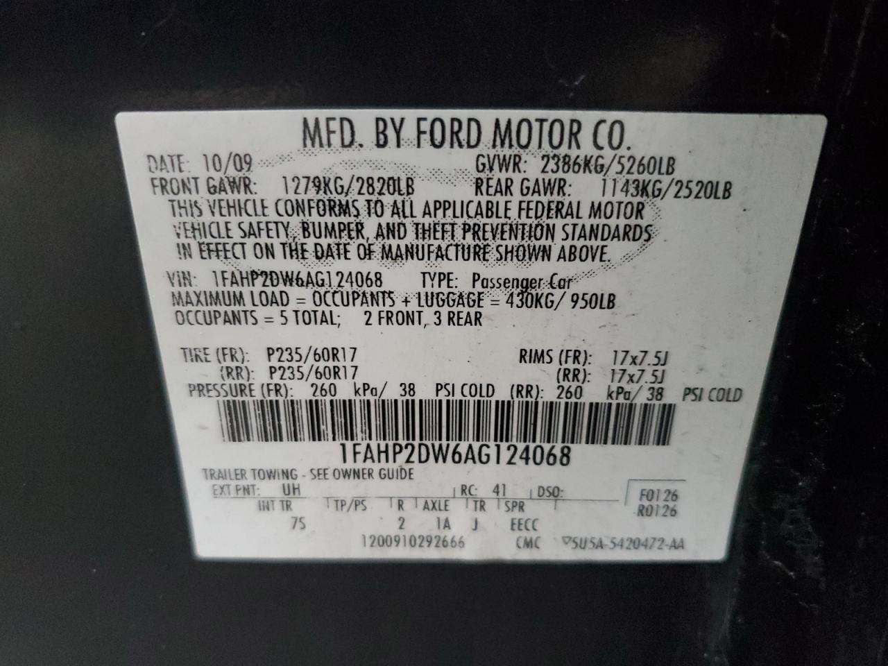 2010 Ford Taurus Se VIN: 1FAHP2DW6AG124068 Lot: 55220755