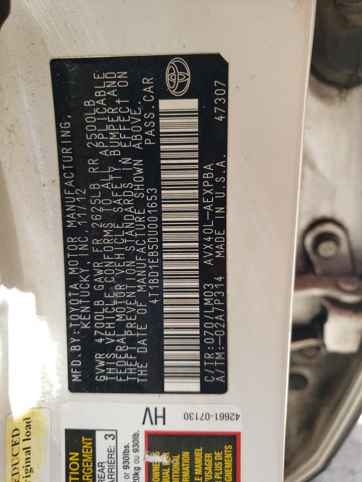 2013 Toyota Avalon Hybrid VIN: 4T1BD1EB5DU001653 Lot: 56715375