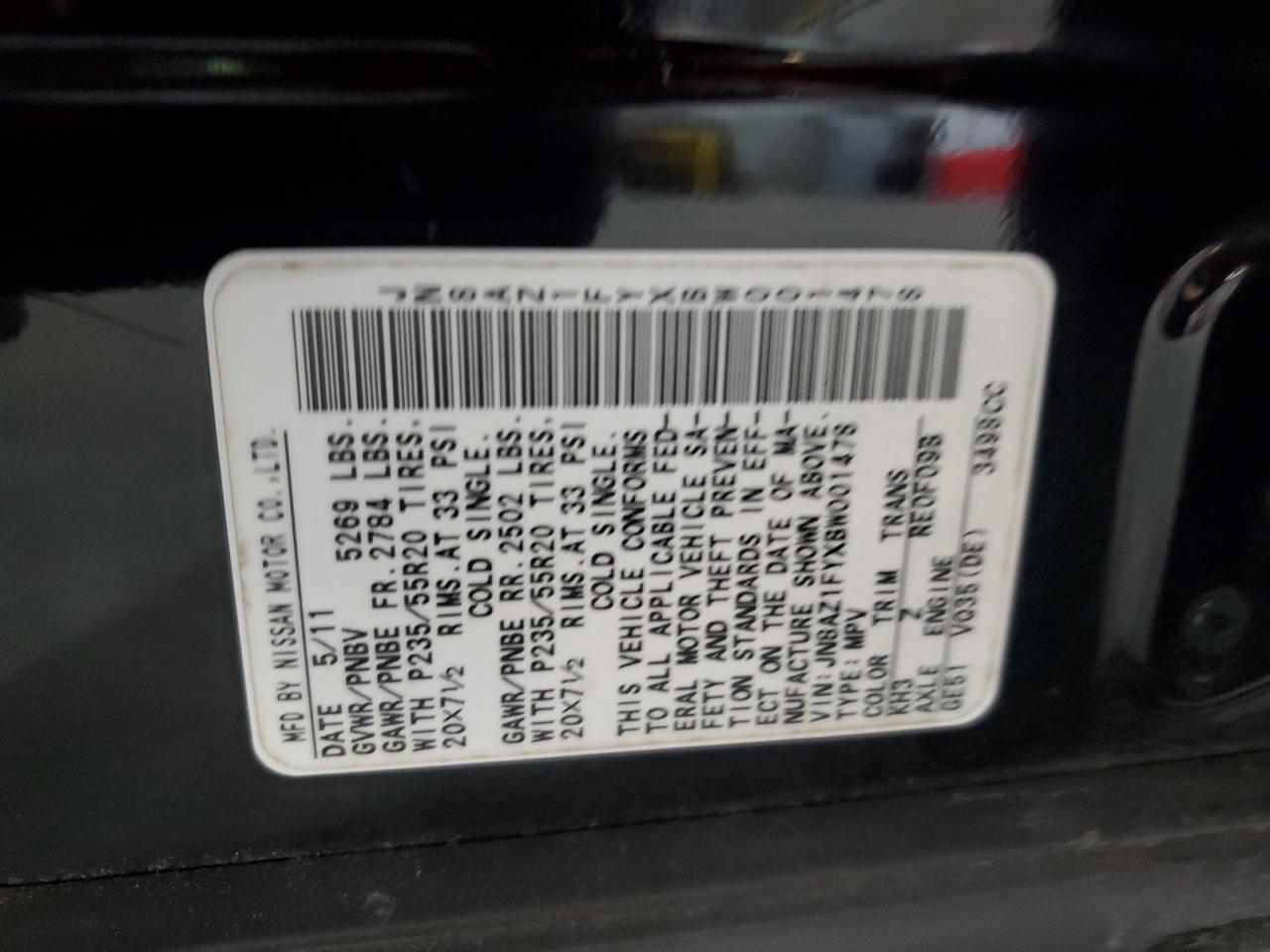 2011 Nissan Murano Crosscabriolet VIN: JN8AZ1FYXBW001478 Lot: 56696625