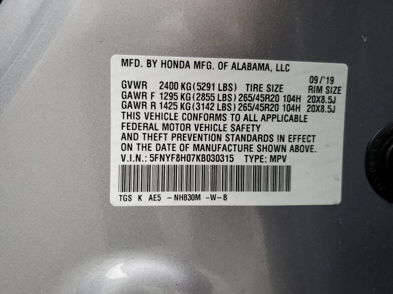 2019 Honda Passport Elite VIN: 5FNYF8H07KB030315 Lot: 55330725