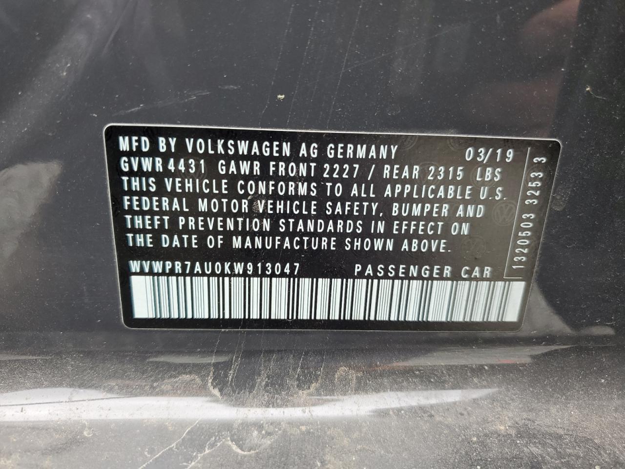 2019 Volkswagen E-Golf Sel Premium VIN: WVWPR7AU0KW913047 Lot: 57083805