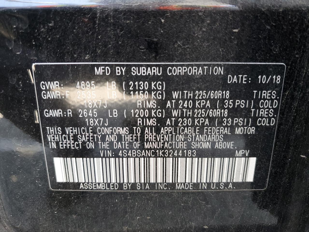 2019 Subaru Outback 2.5I Limited VIN: 4S4BSANC1K3244183 Lot: 56901835