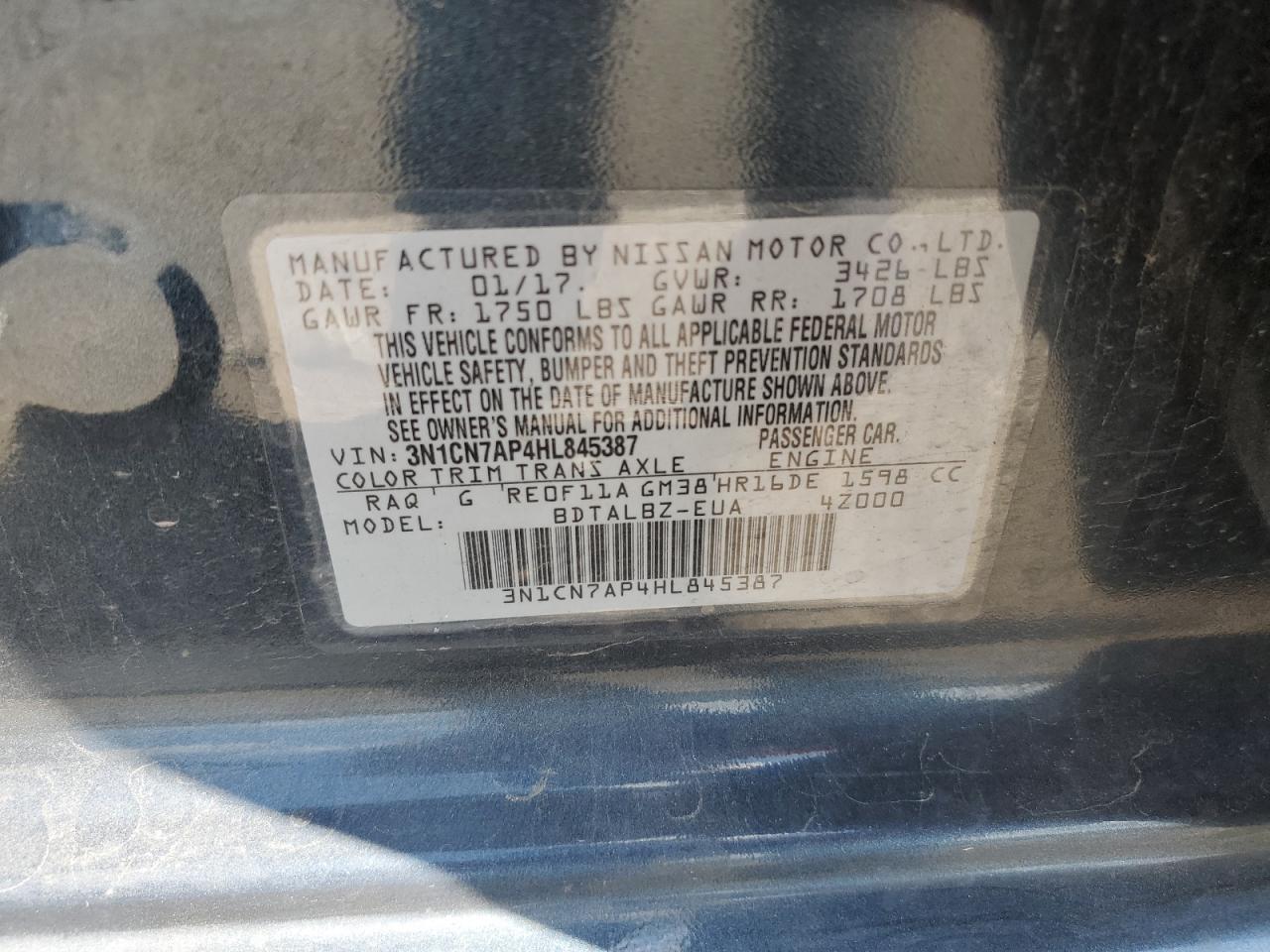 2017 Nissan Versa S VIN: 3N1CN7AP4HL845387 Lot: 57049575