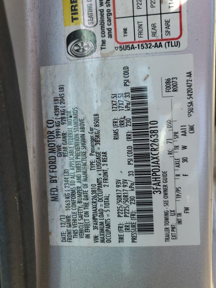 2012 Ford Fusion Sel VIN: 3FAHP0JAXCR263810 Lot: 55825655