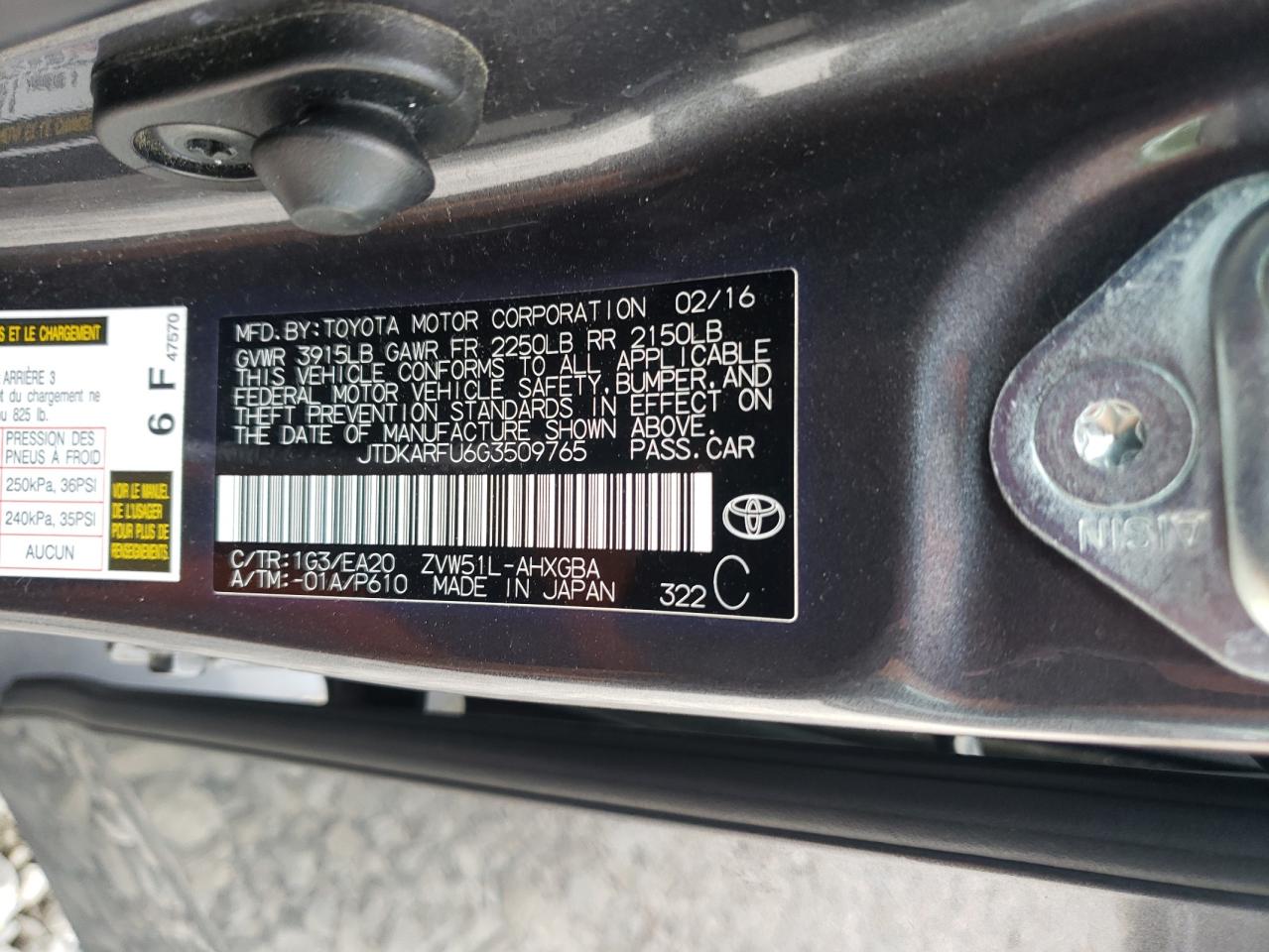 2016 Toyota Prius VIN: JTDKARFU6G3509765 Lot: 57032625