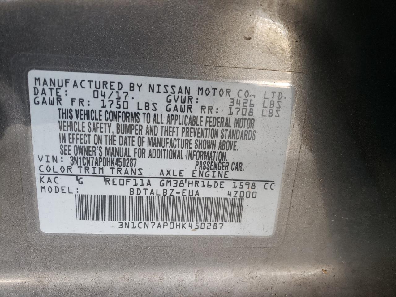 2017 Nissan Versa S VIN: 3N1CN7AP0HK450287 Lot: 57582625