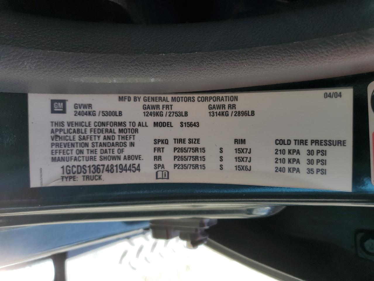 2004 Chevrolet Colorado VIN: 1GCDS136748194454 Lot: 56898535