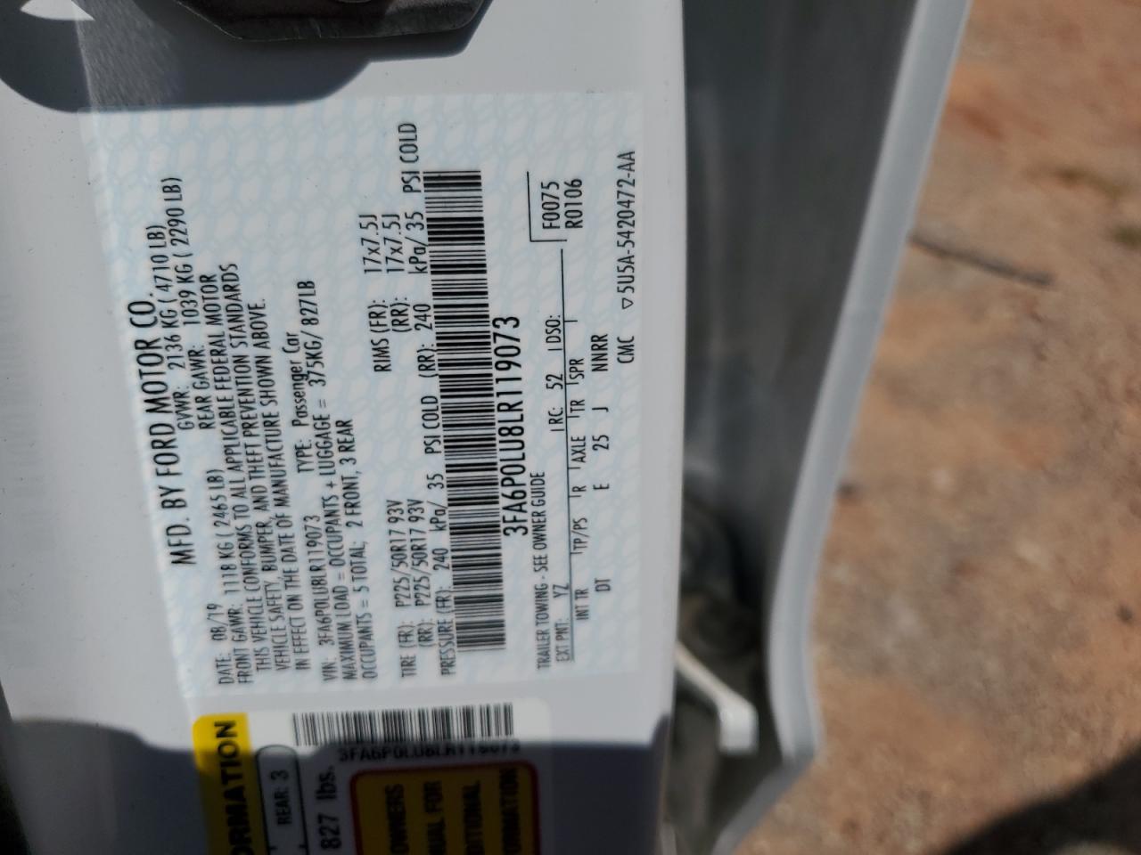 2020 Ford Fusion Se VIN: 3FA6P0LU8LR119073 Lot: 54043555