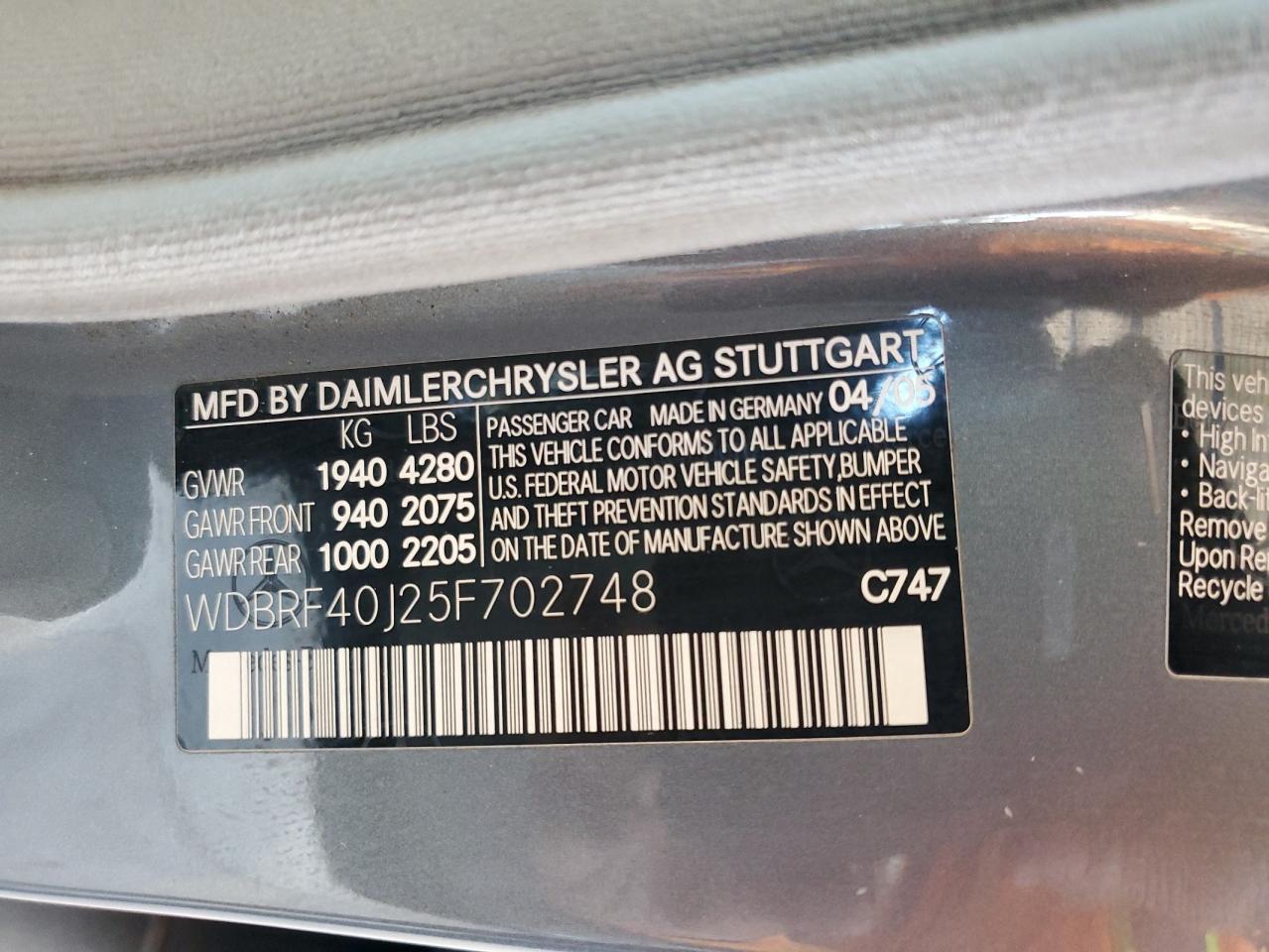 2005 Mercedes-Benz C 230K Sport Sedan VIN: WDBRF40J25F702748 Lot: 56785175