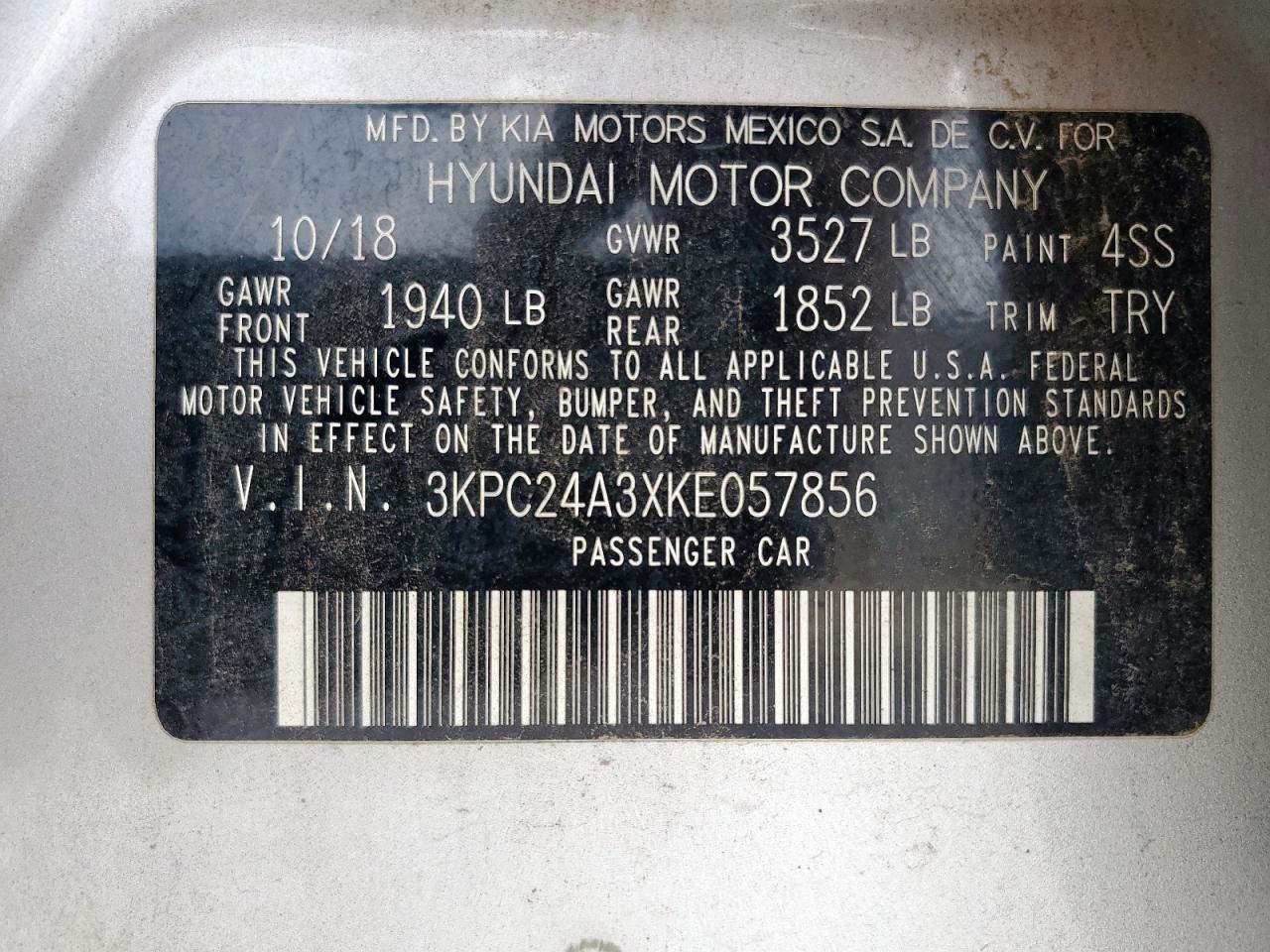 2019 Hyundai Accent Se VIN: 3KPC24A3XKE057856 Lot: 58530255