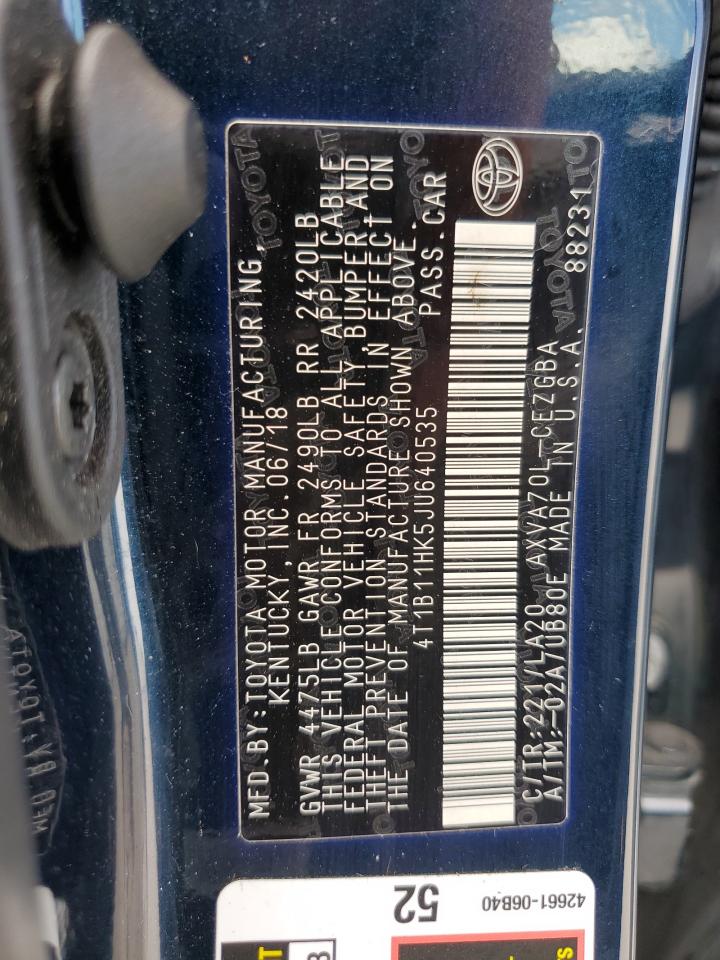 2018 Toyota Camry L VIN: 4T1B11HK5JU640535 Lot: 56927375