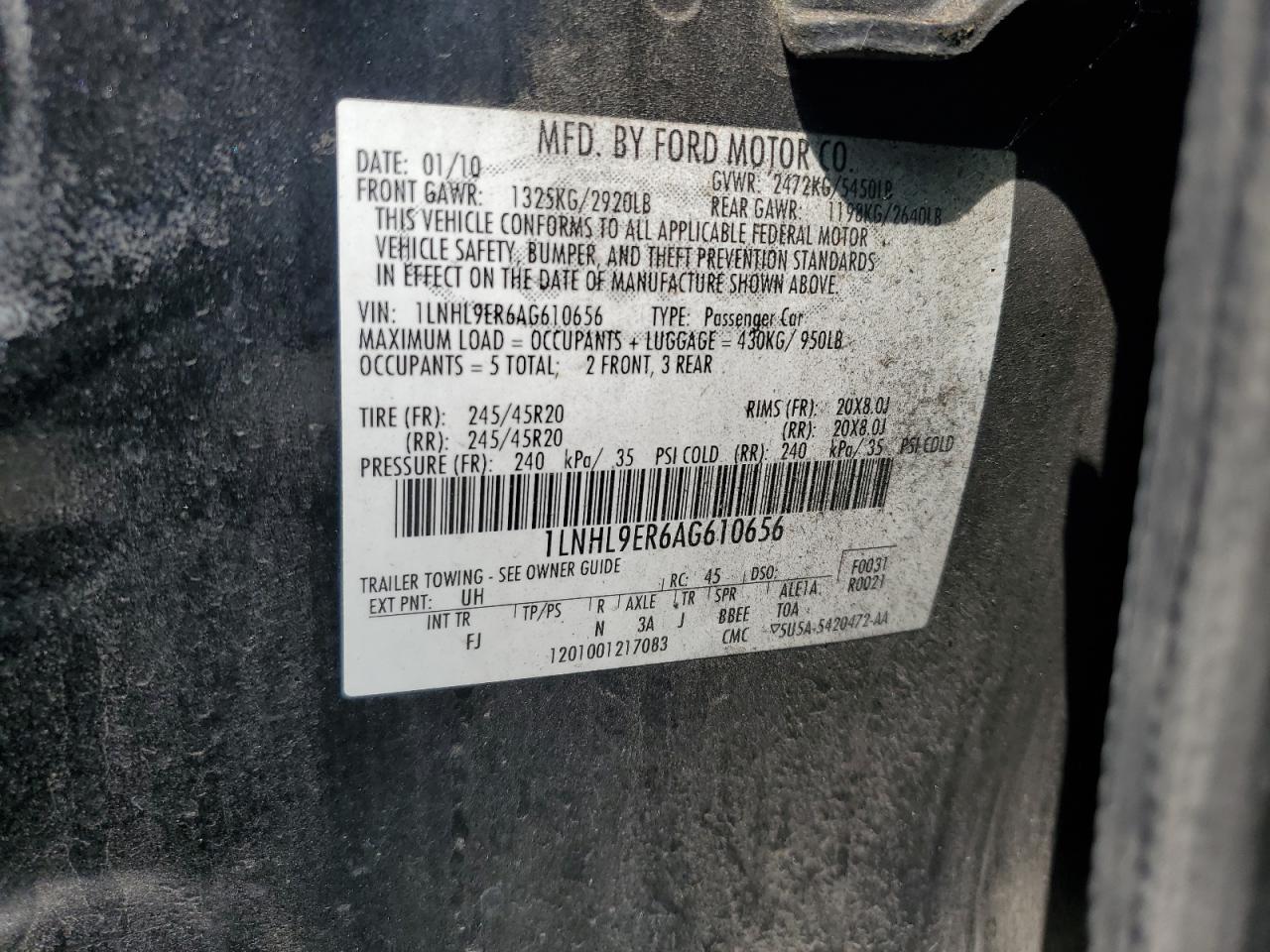 2010 Lincoln Mks VIN: 1LNHL9ER6AG610656 Lot: 55769645