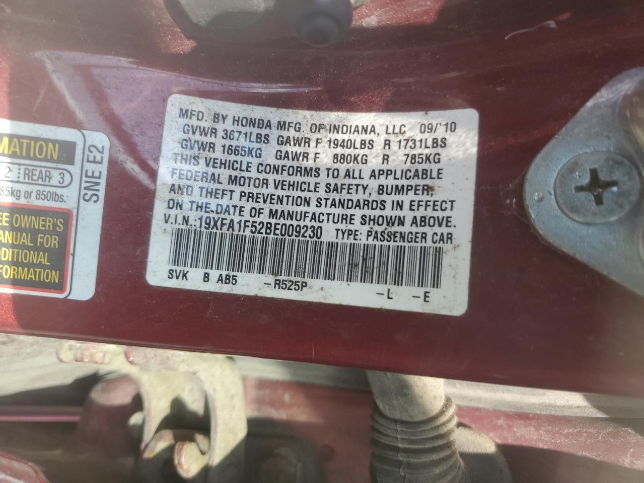 2011 Honda Civic Lx VIN: 19XFA1F52BE009230 Lot: 57168695