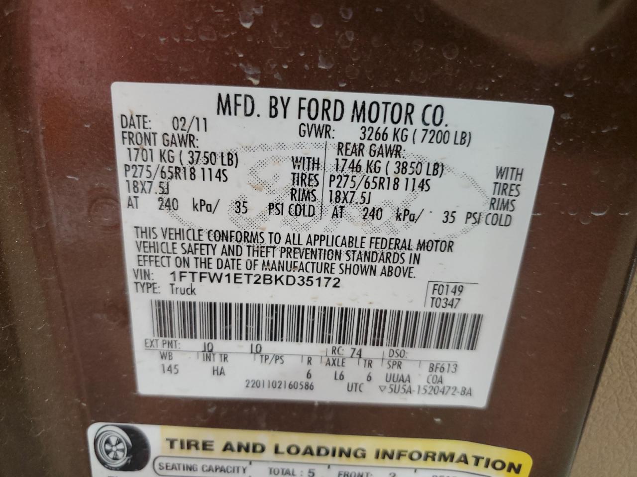 2011 Ford F150 Supercrew VIN: 1FTFW1ET2BKD35172 Lot: 57977605