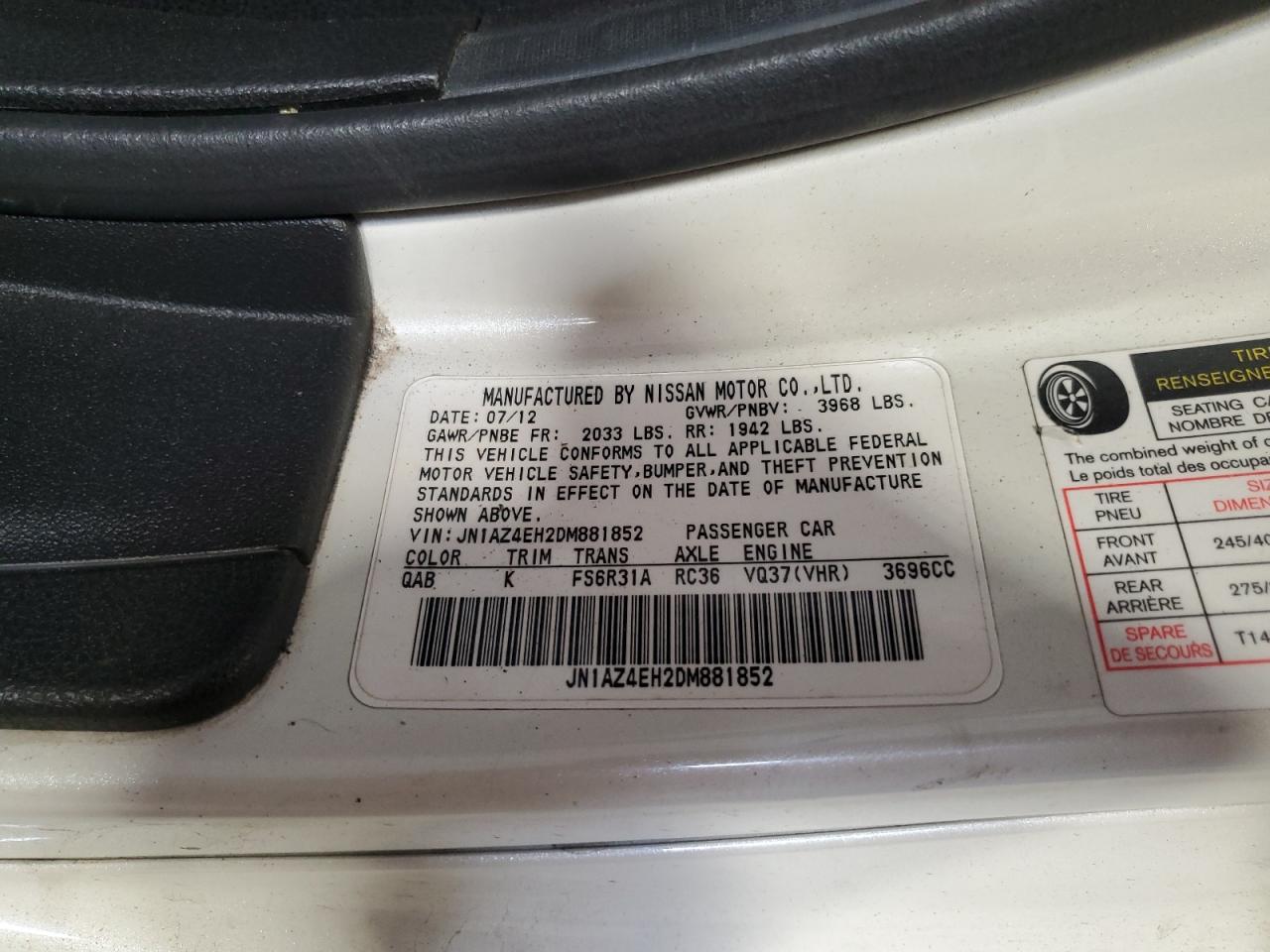 2013 Nissan 370Z Base VIN: JN1AZ4EH2DM881852 Lot: 53801385