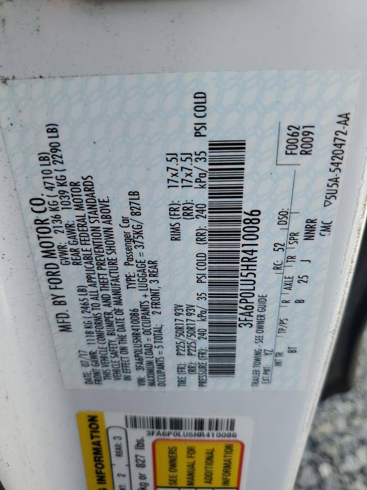 2017 Ford Fusion Se Hybrid VIN: 3FA6P0LU5HR410086 Lot: 56525935