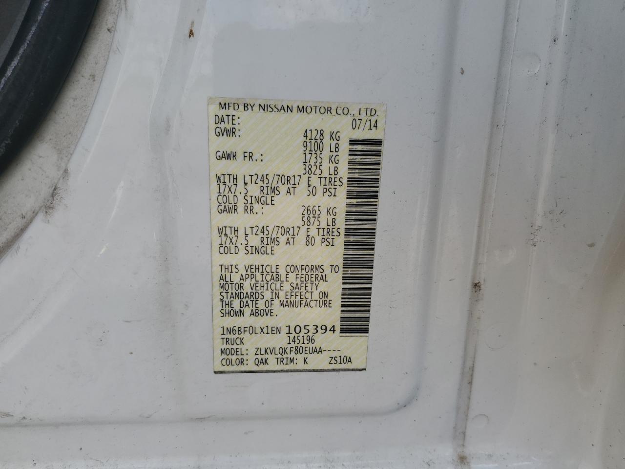 2014 Nissan Nv 2500 VIN: 1N6BF0LX1EN105394 Lot: 56893665