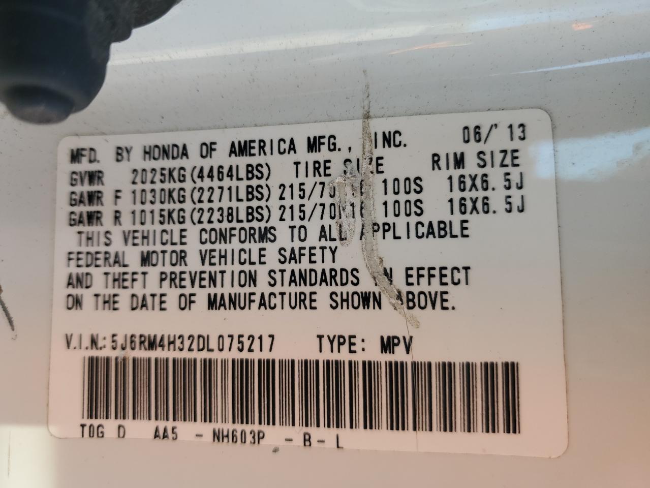 2013 Honda Cr-V Lx VIN: 5J6RM4H32DL075217 Lot: 55687785
