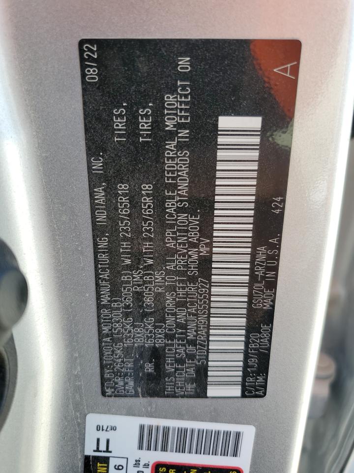 2022 Toyota Highlander L VIN: 5TDZZRAH9NS555927 Lot: 55956475