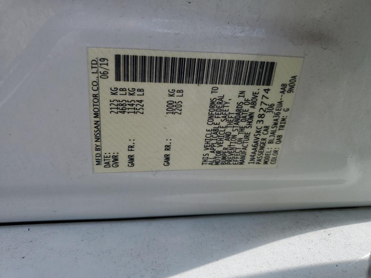 2019 Nissan Maxima S VIN: 1N4AA6AV5KC382774 Lot: 56348675
