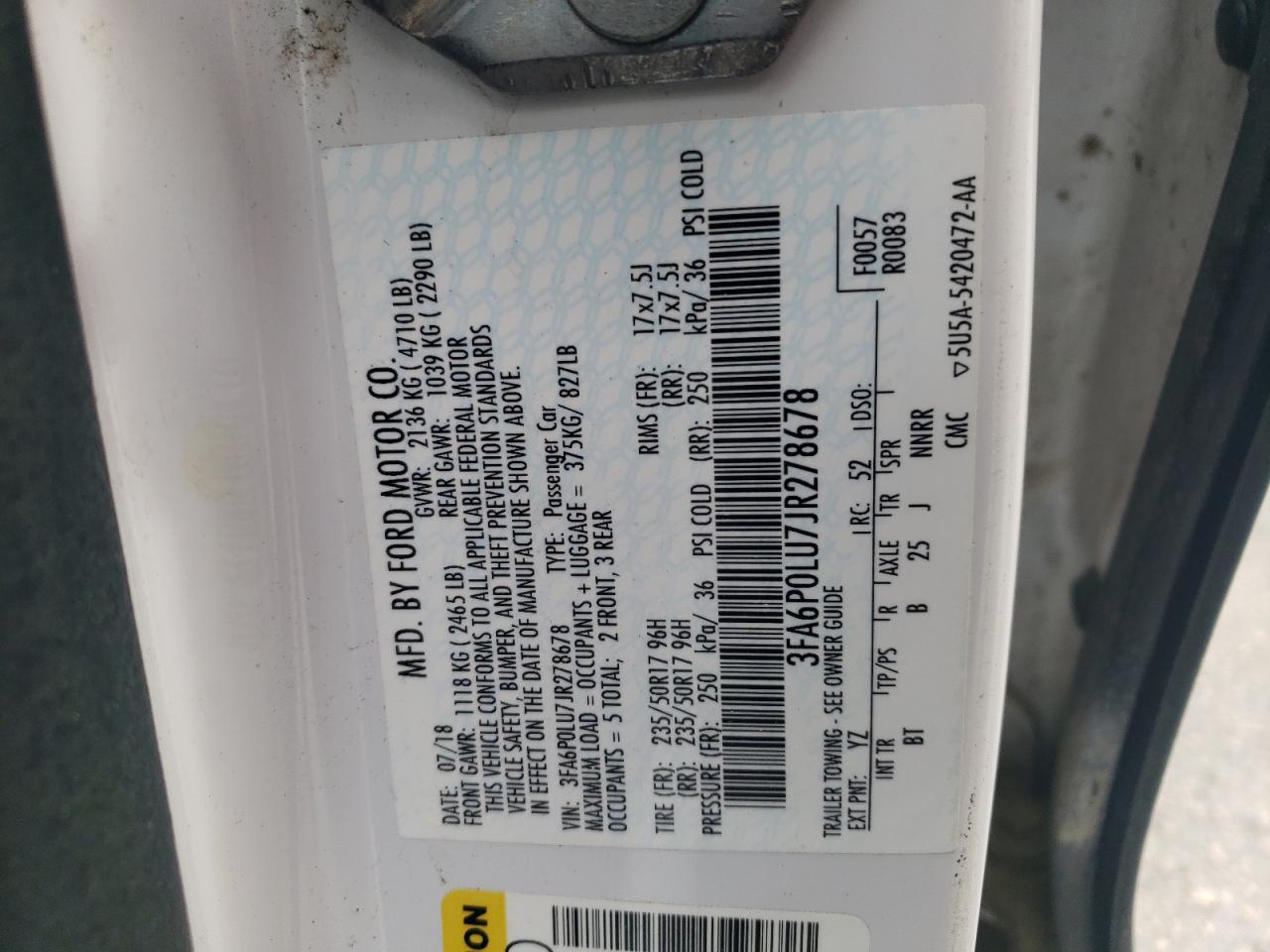 2018 Ford Fusion Se Hybrid VIN: 3FA6P0LU7JR278678 Lot: 55084635