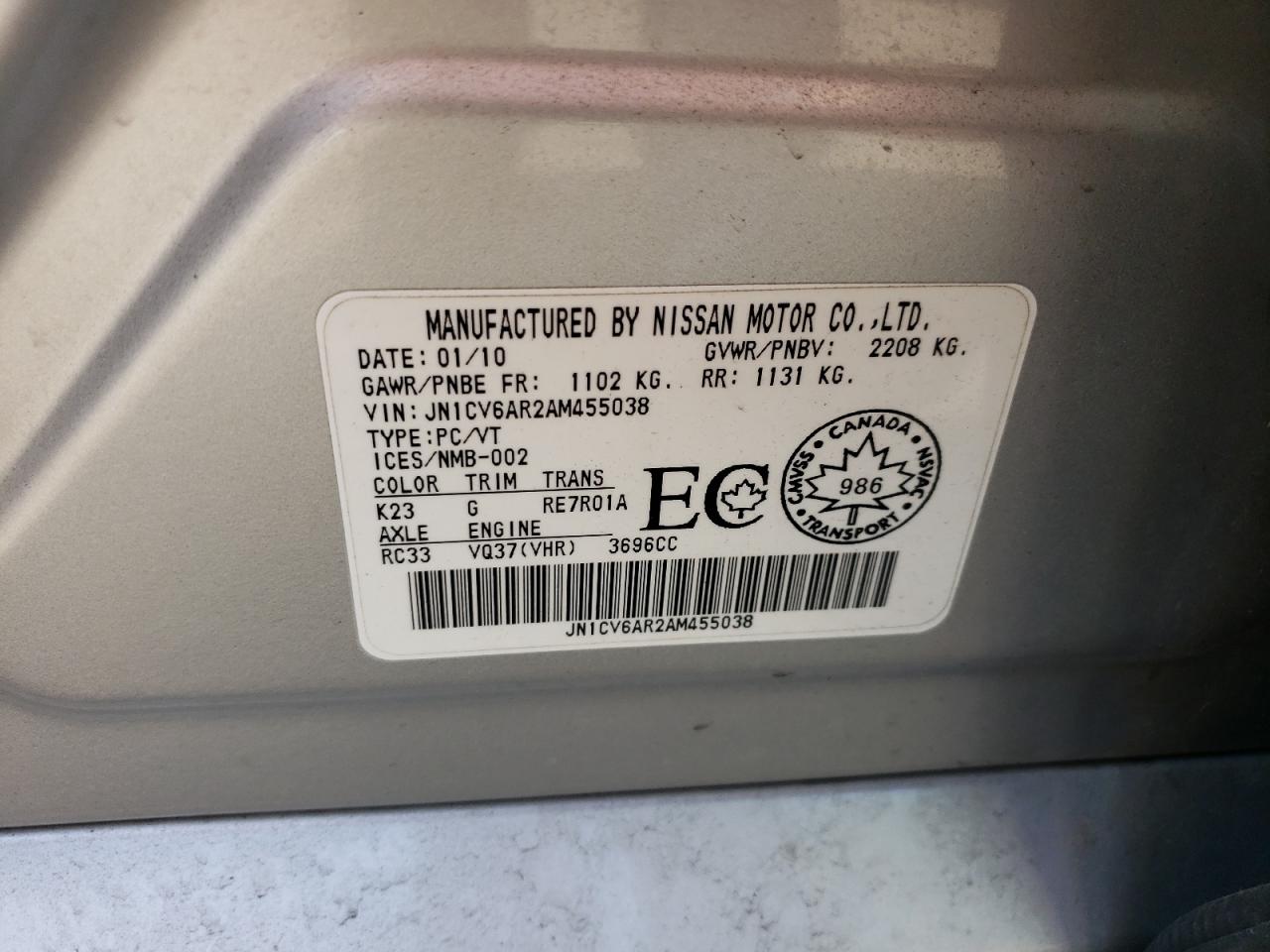 2010 Infiniti G37 VIN: JN1CV6AR2AM455038 Lot: 55632935