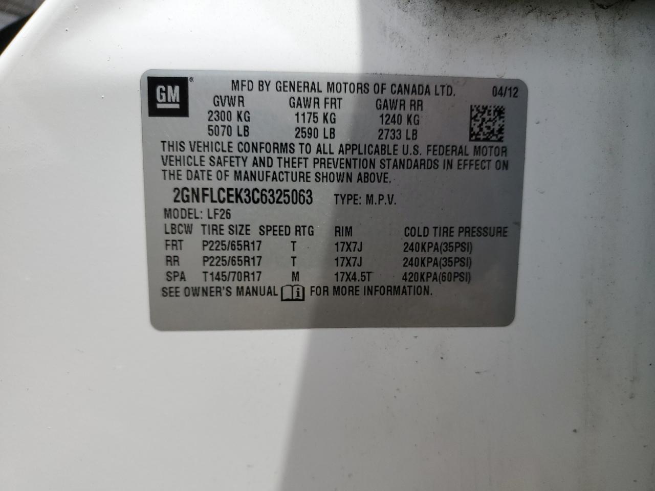 2012 Chevrolet Equinox Ls VIN: 2GNFLCEK3C6325063 Lot: 56991325