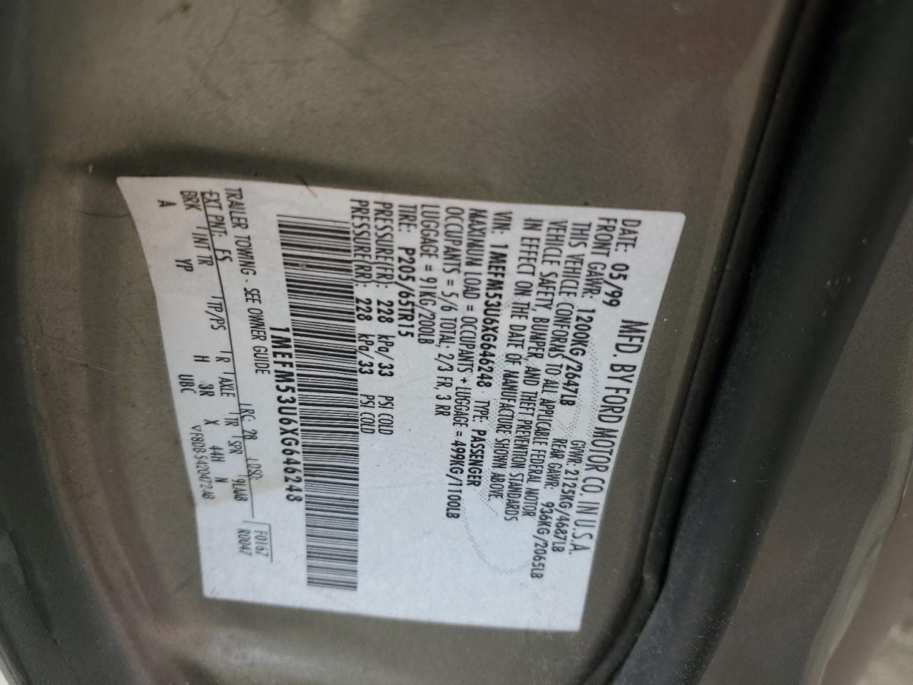 1999 Mercury Sable Ls VIN: 1MEFM53U6XG646248 Lot: 57859405