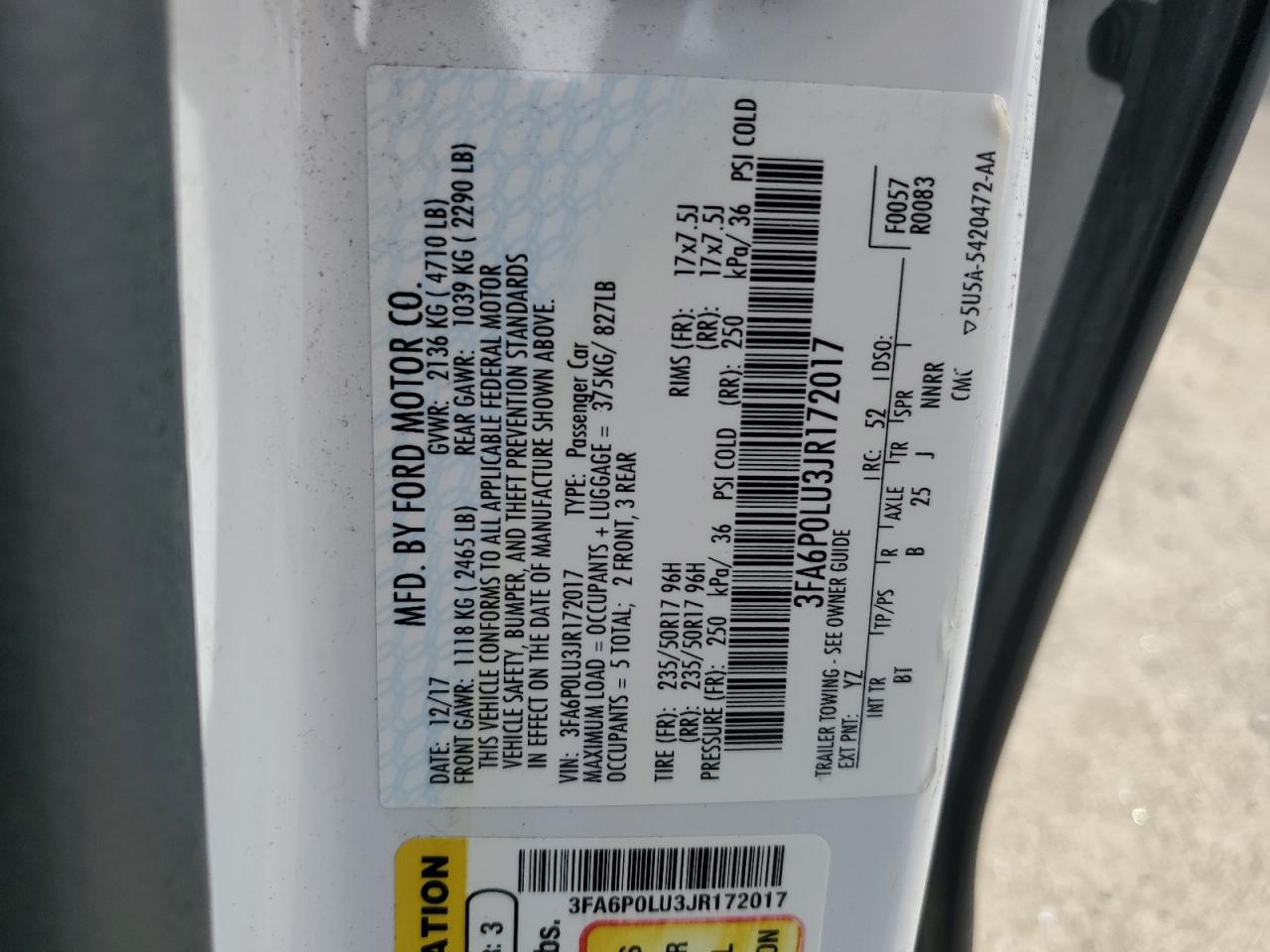 2018 Ford Fusion Se Hybrid VIN: 3FA6P0LU3JR172017 Lot: 55085065