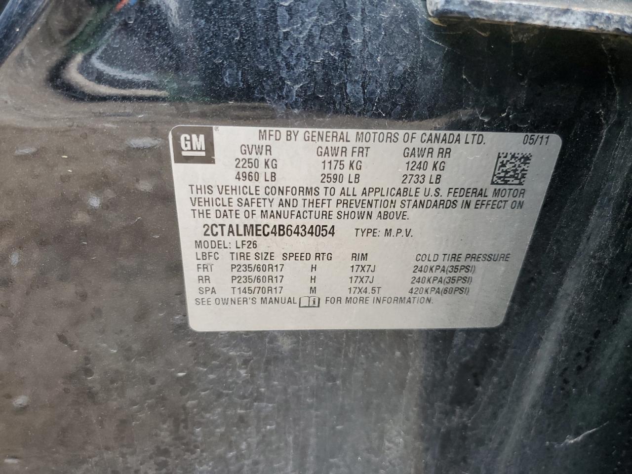 2011 GMC Terrain Sle VIN: 2CTALMEC4B6434054 Lot: 56335105