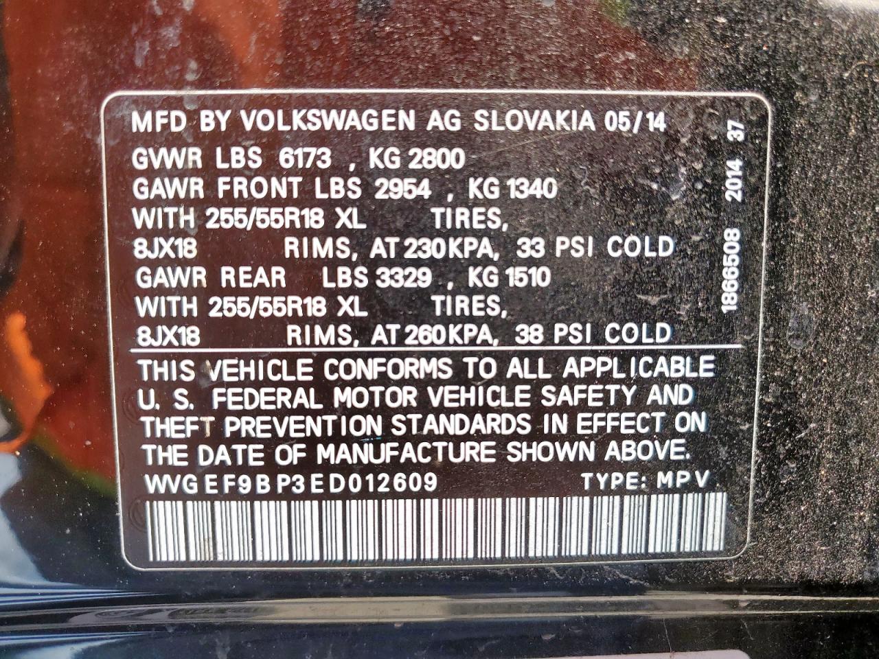 2014 Volkswagen Touareg V6 VIN: WVGEF9BP3ED012609 Lot: 59035015