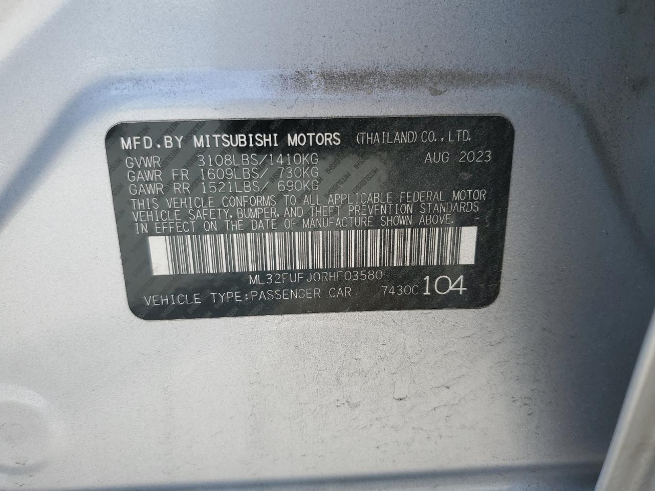 2024 Mitsubishi Mirage G4 Es VIN: ML32FUFJ0RHF03580 Lot: 57324695