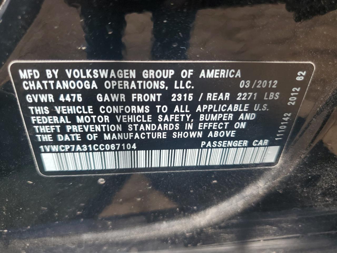 2012 Volkswagen Passat Sel VIN: 1VWCP7A31CC067104 Lot: 56638765