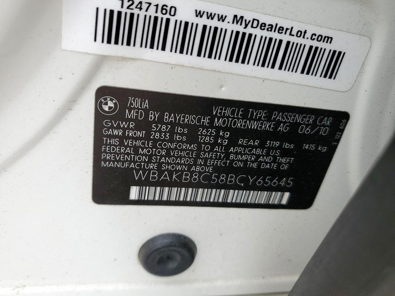 2011 BMW 750 Li VIN: WBAKB8C58BCY65645 Lot: 57612775