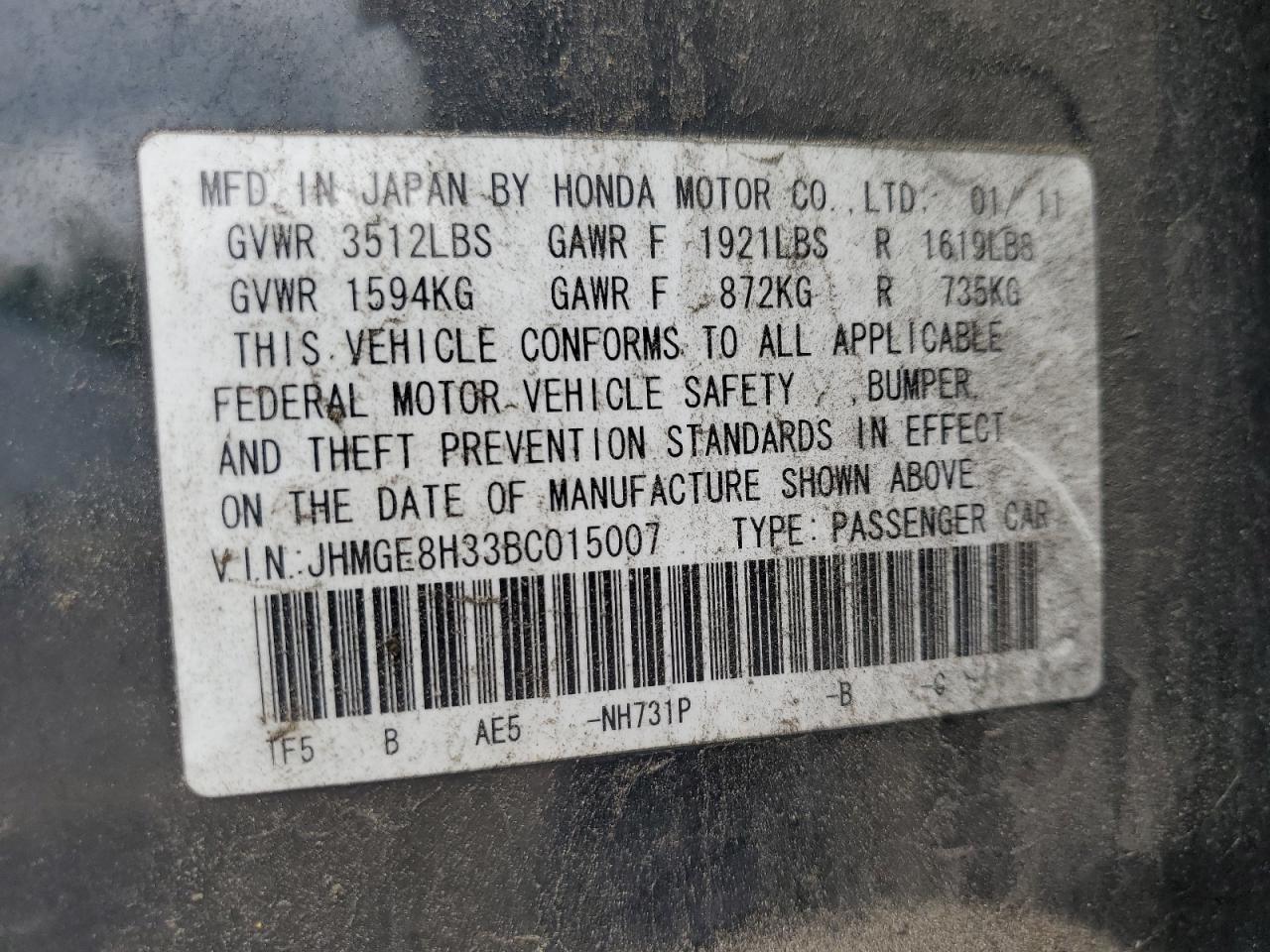 2011 Honda Fit VIN: JHMGE8H33BC015007 Lot: 56967105