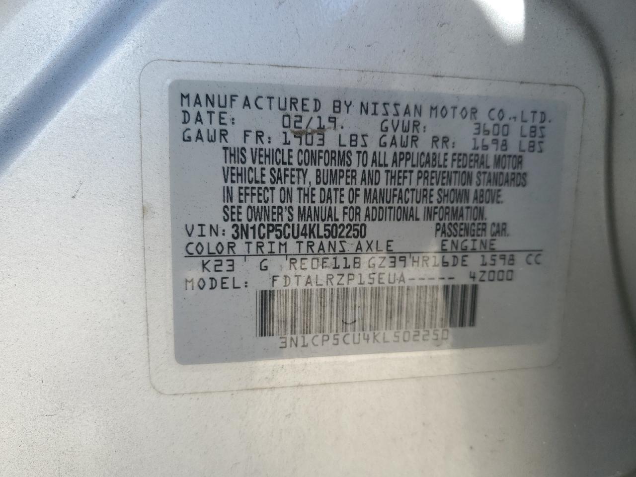 2019 Nissan Kicks S VIN: 3N1CP5CU4KL502250 Lot: 56863025