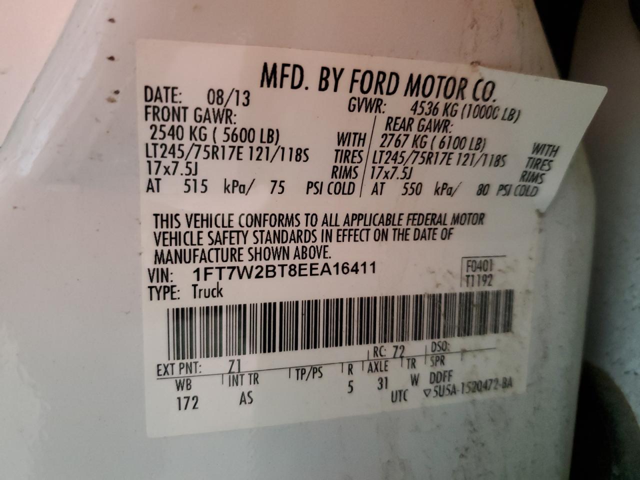 2014 Ford F250 Super Duty VIN: 1FT7W2BT8EEA16411 Lot: 55950095