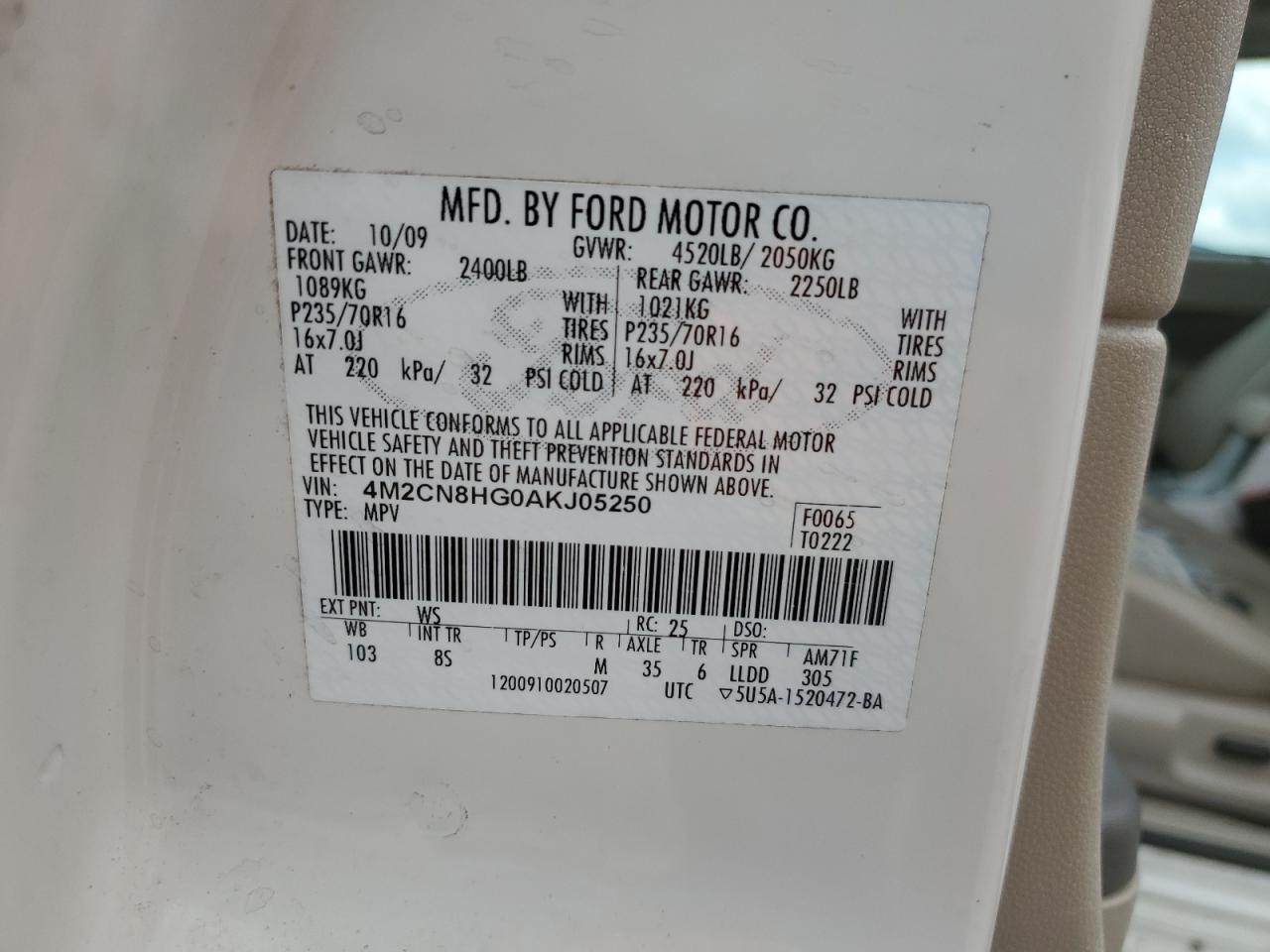 2010 Mercury Mariner Premier VIN: 4M2CN8HG0AKJ05250 Lot: 58550505