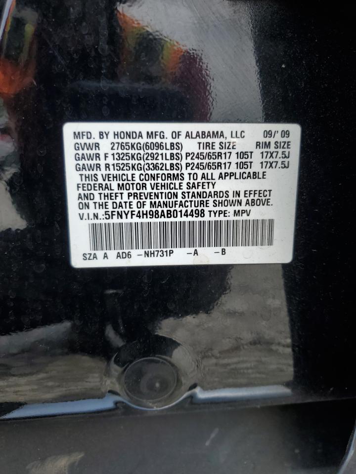 2010 Honda Pilot Touring VIN: 5FNYF4H98AB014498 Lot: 57030215