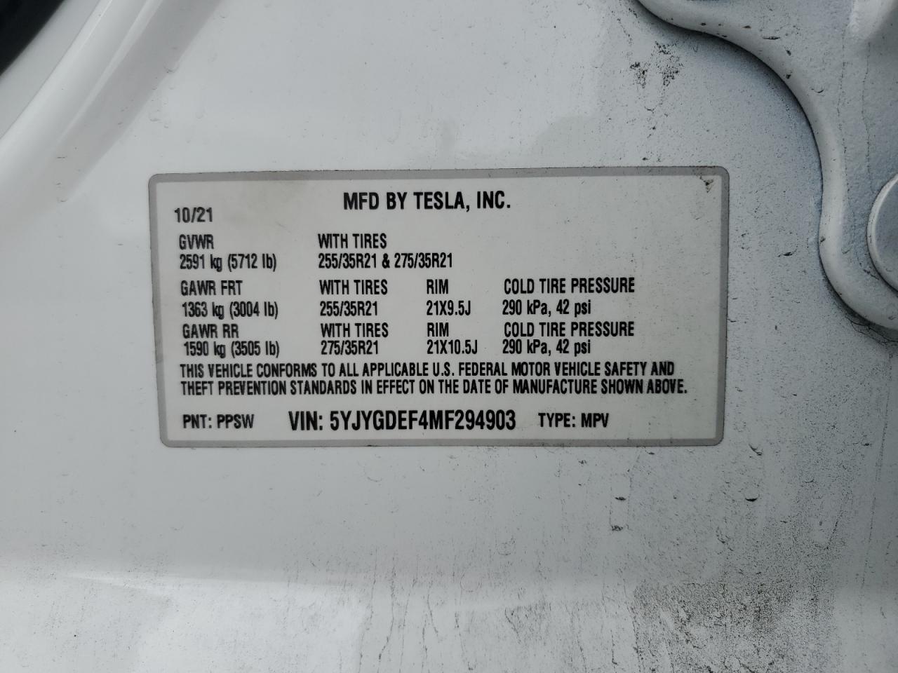 2021 Tesla Model Y VIN: 5YJYGDEF4MF294903 Lot: 55730885