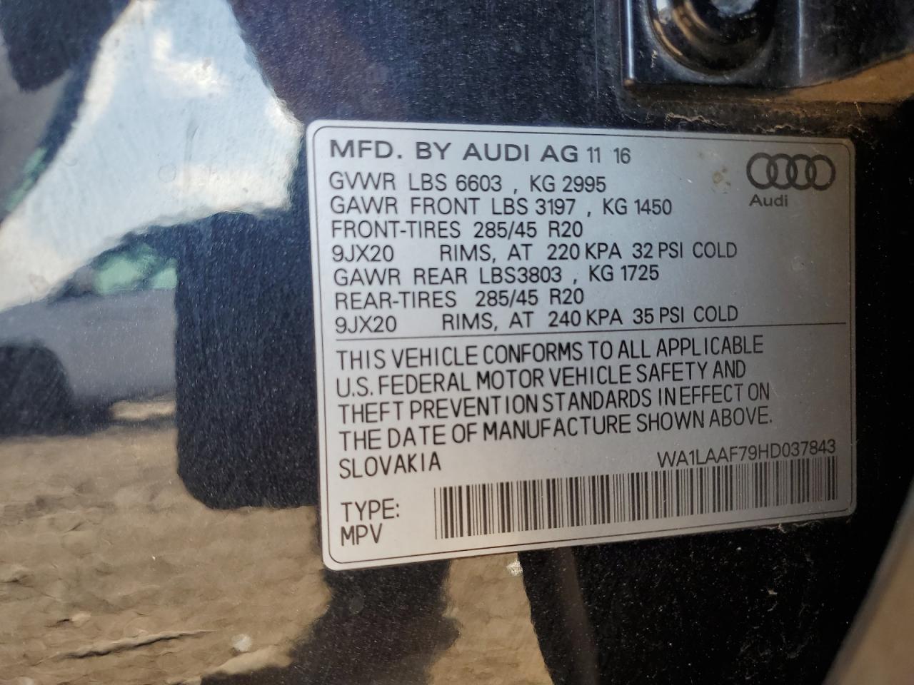2017 Audi Q7 Premium Plus VIN: WA1LAAF79HD037843 Lot: 56960265