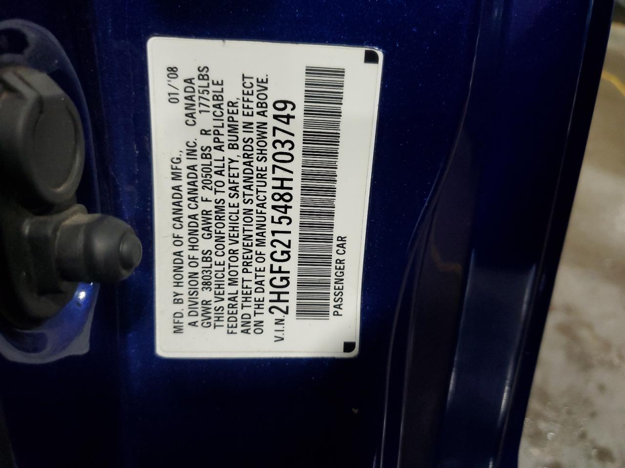 2008 Honda Civic Si VIN: 2HGFG21548H703749 Lot: 56915985