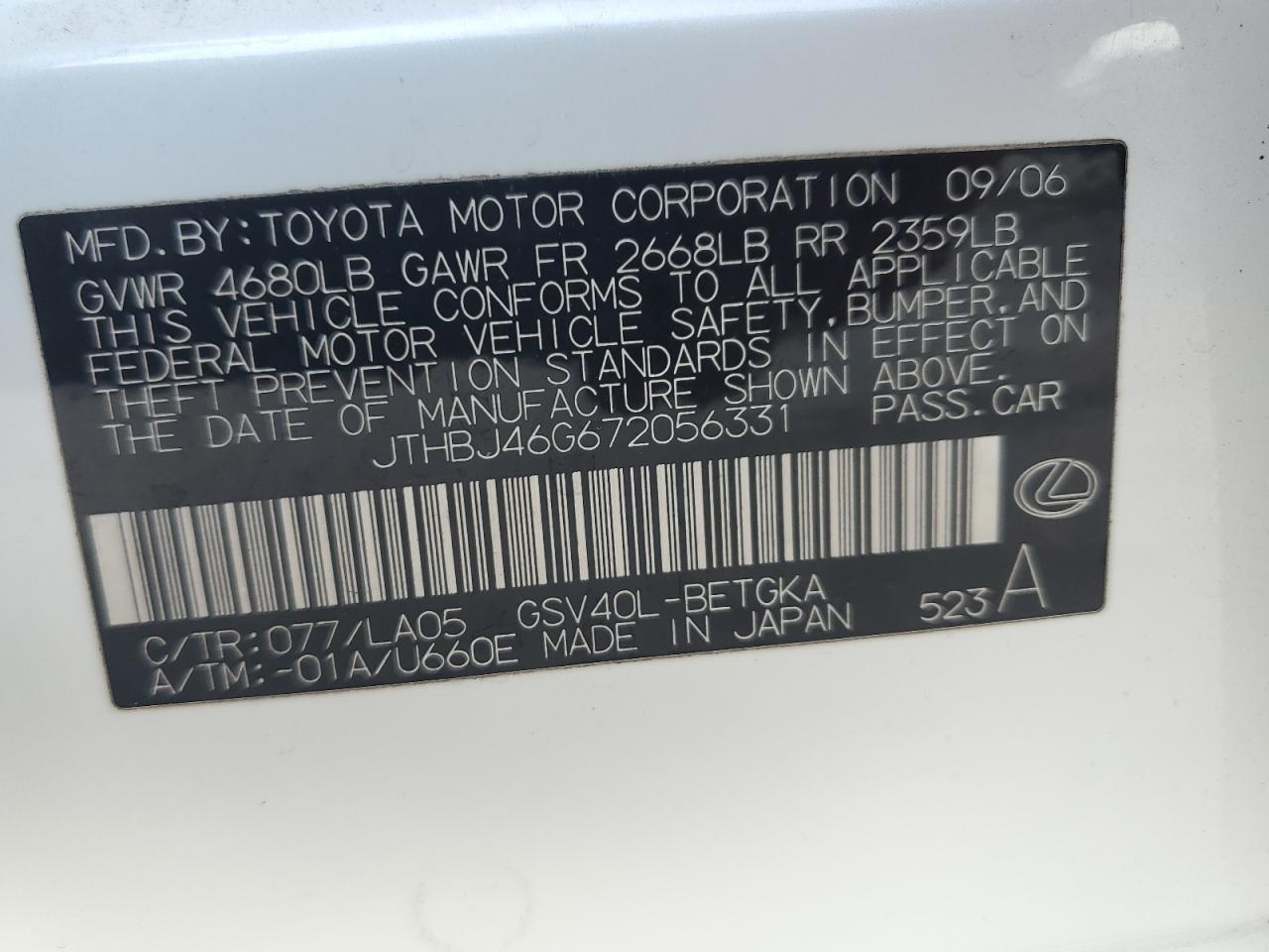 2007 Lexus Es 350 VIN: JTHBJ46G672056331 Lot: 56829385