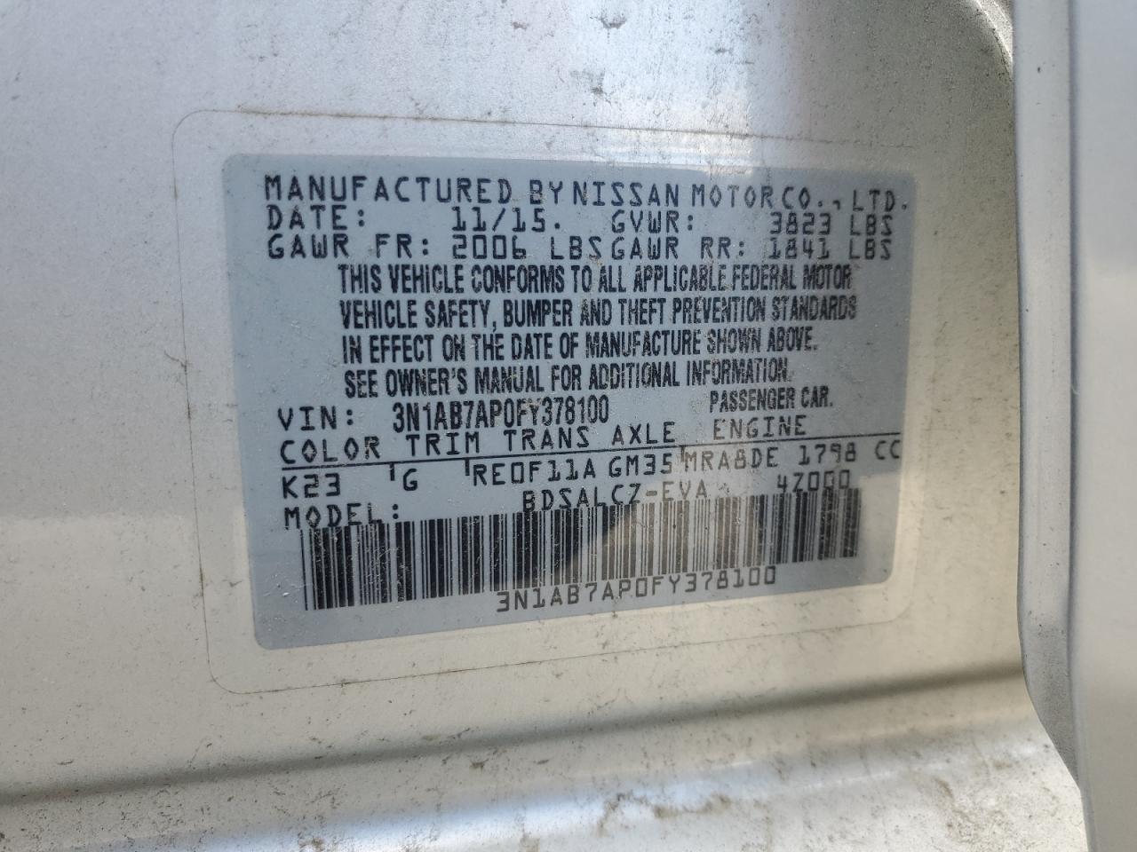 2015 Nissan Sentra S VIN: 3N1AB7AP0FY378100 Lot: 56567045