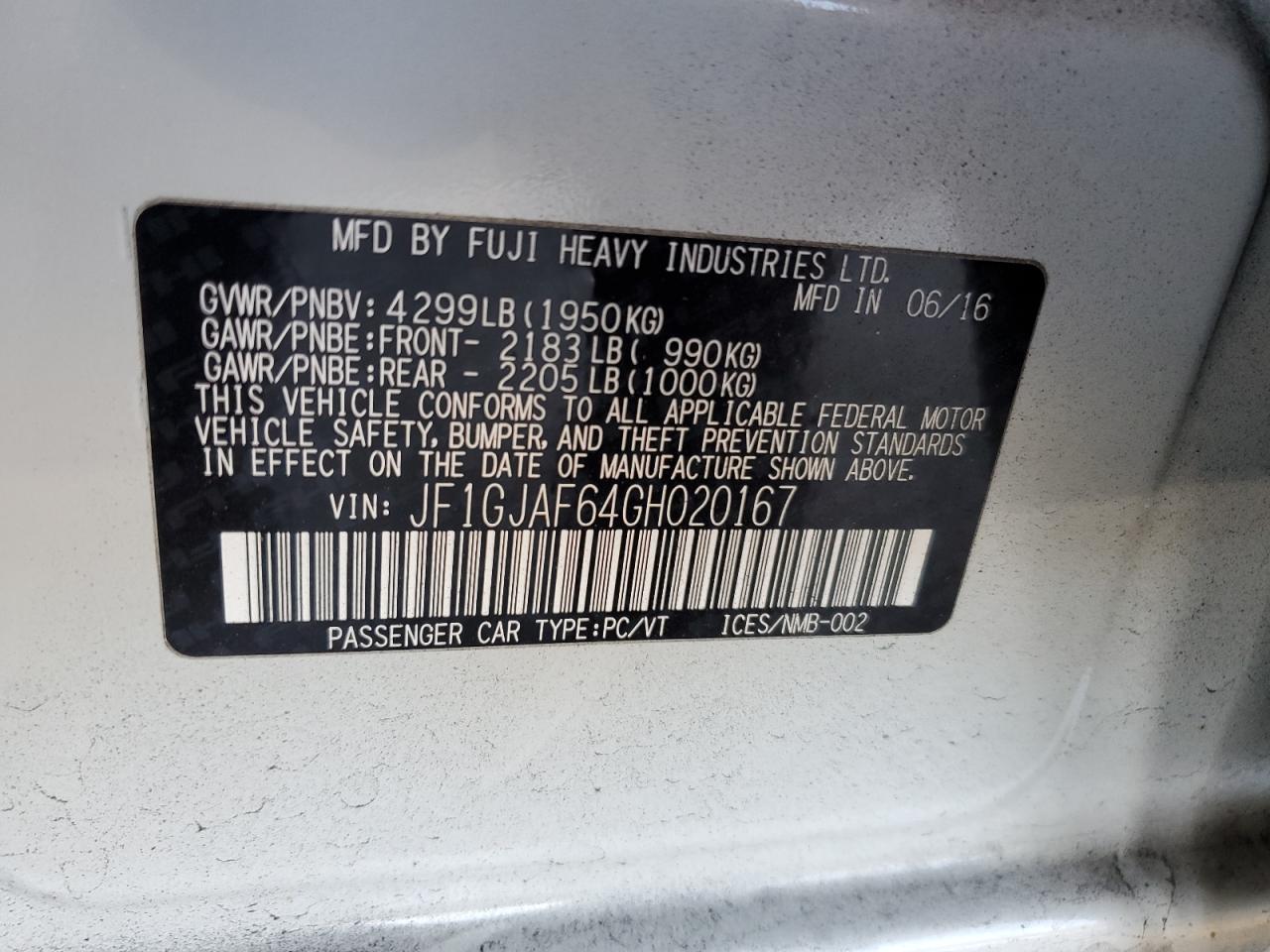 2016 Subaru Impreza Premium Plus VIN: JF1GJAF64GH020167 Lot: 57105725