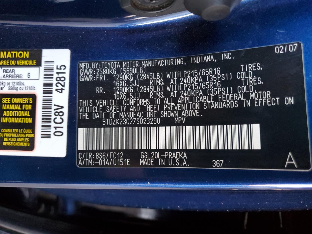 2007 Toyota Sienna Ce VIN: 5TDZK23C27S023290 Lot: 57598145