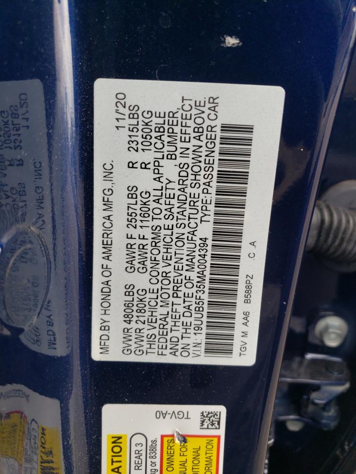 2021 Acura Tlx VIN: 19UUB5F35MA004394 Lot: 56005655