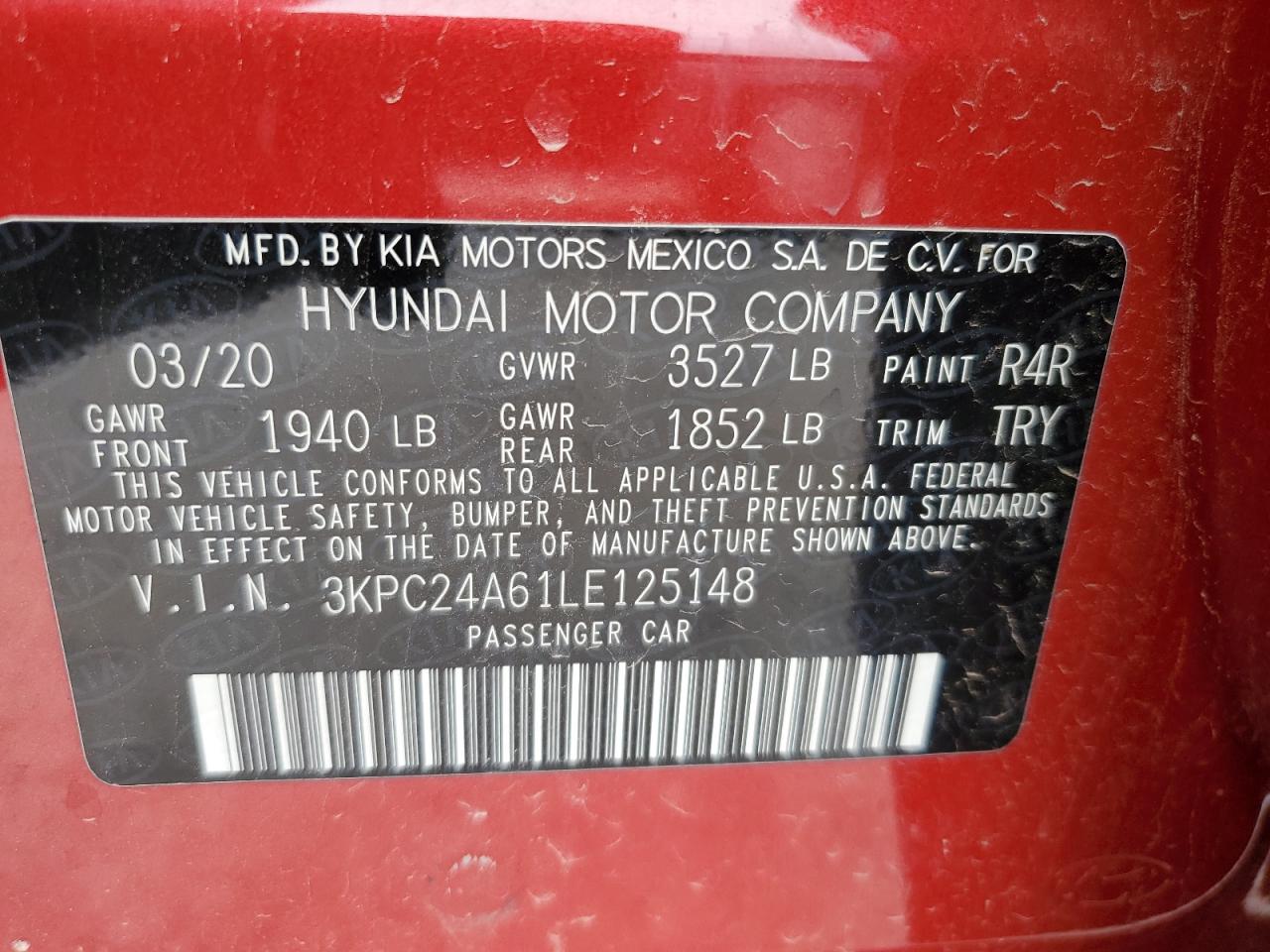 2020 Hyundai Accent Se VIN: 3KPC24A61LE125148 Lot: 56865855