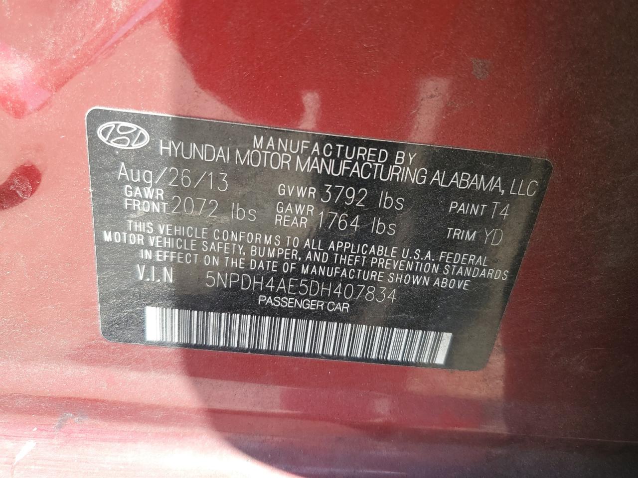 2013 Hyundai Elantra Gls VIN: 5NPDH4AE5DH407834 Lot: 58530755