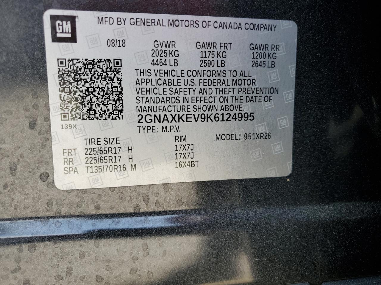 2019 Chevrolet Equinox Lt VIN: 2GNAXKEV9K6124995 Lot: 57043065